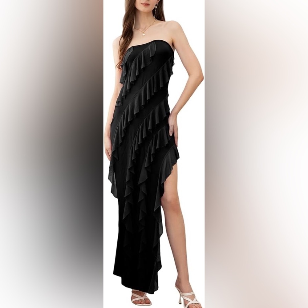 Womens off the shoulder strapless mesh tassel ruffle hem split maxi party dress